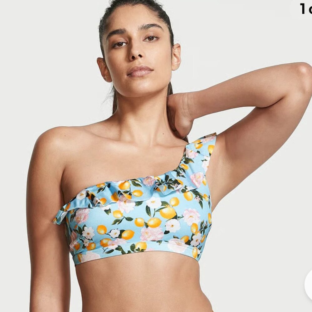Victoria Secret Ruffle Blue Lemons Swim Bikini Top‎ Womens Med One Shoulder New